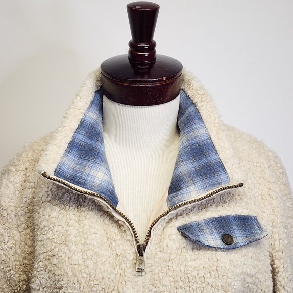 Pendleton Hi-Pile Fuzzy Sherpa Full Zip Fleece Jacket Ivory, Plaid Trim Women XL - Picture 3 of 12